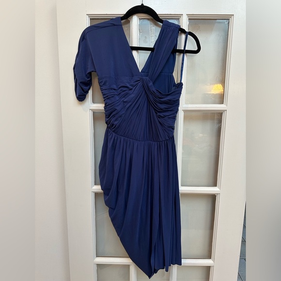 BCBGMaxAzria Christina Ruched Asymmetric Blue Drape Dress Women’s Size Medium M - Picture 11 of 15